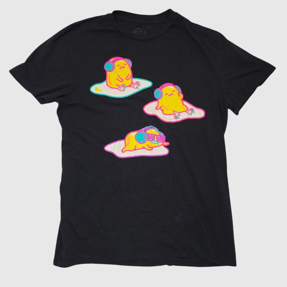 Gudetama Sanrio Graphic T-Shirt Black Neon Roller Skates Headphones XL